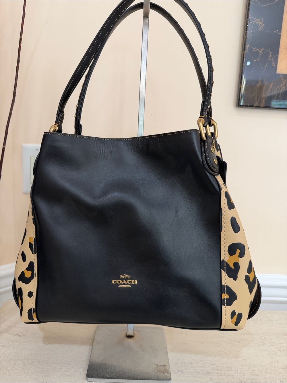 Coach Black Leather Shoulder Bag with Leopard-Print Beige Side Panels